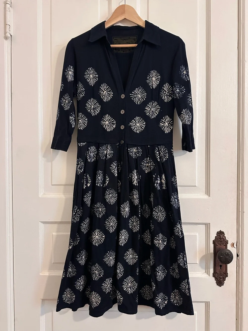 Samantha Sung Collared Shirt Dress Midi Cotton Silk Navy Blue White Size 6